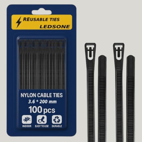 Black reusable nylon cable ties with hook and loop fasteners in a 100 piece pack