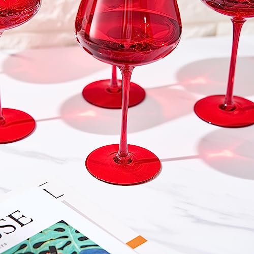 Set of six large bright red crystal wine glasses with tall stems and wide bowls — view 3