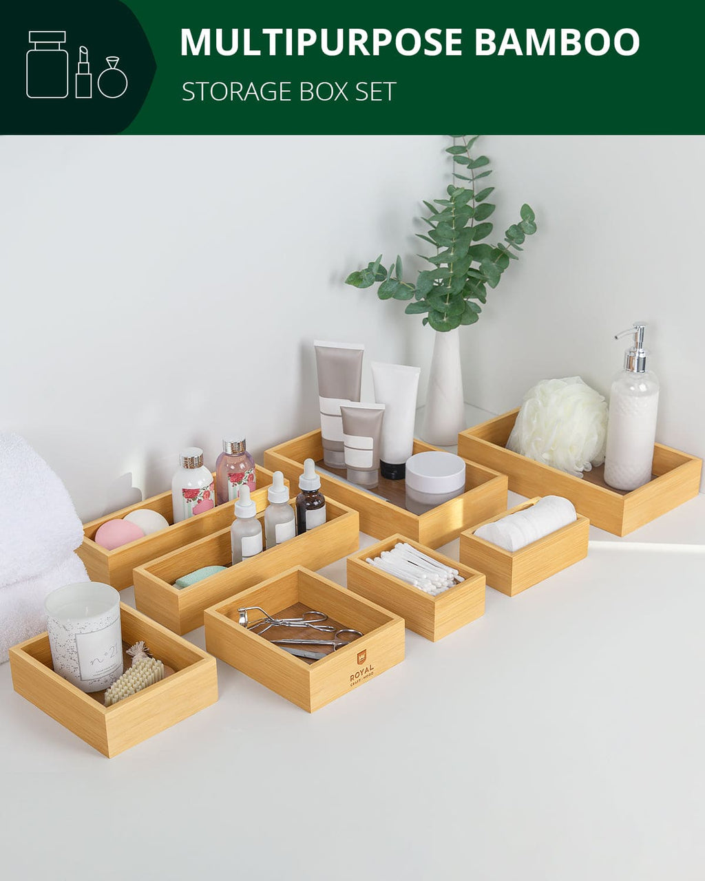 Natural bamboo storage box set of eight for drawer and desk organization — view 4