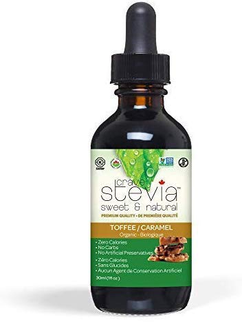 Two 30ml bottles of CraveStevia organic toffee flavor liquid sweetener drops — view 2