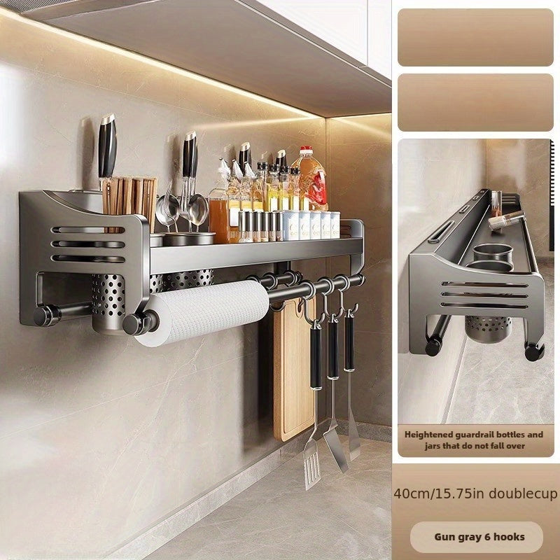 Bronze wall-mounted stainless steel kitchen storage rack with utensil cups, knife slots, and hanging hooks. — view 3