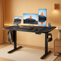 Black 48 inch electric standing desk with steel frame, programmable keypad, and dual storage hooks