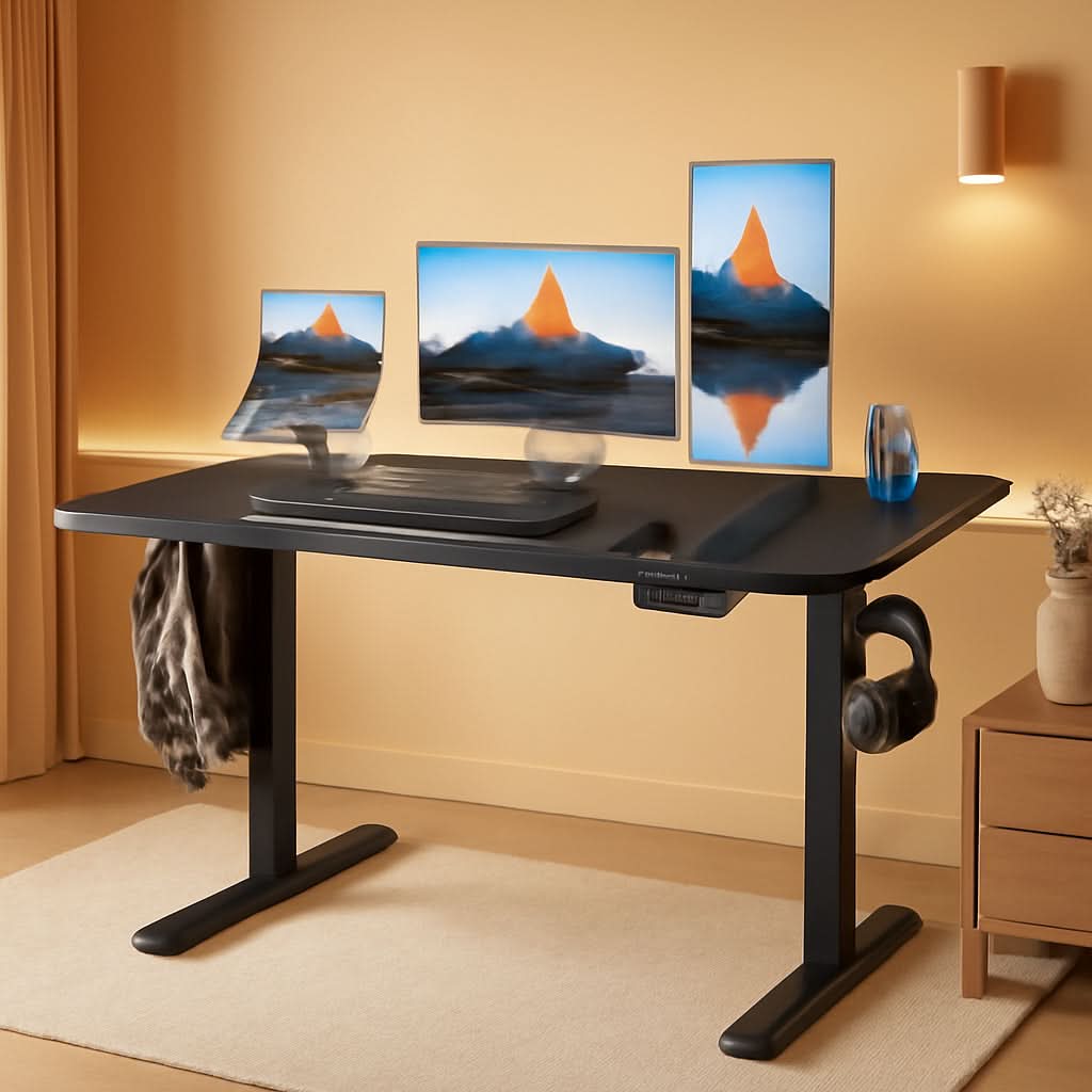 Black 48 inch electric standing desk with steel frame, programmable keypad, and dual storage hooks