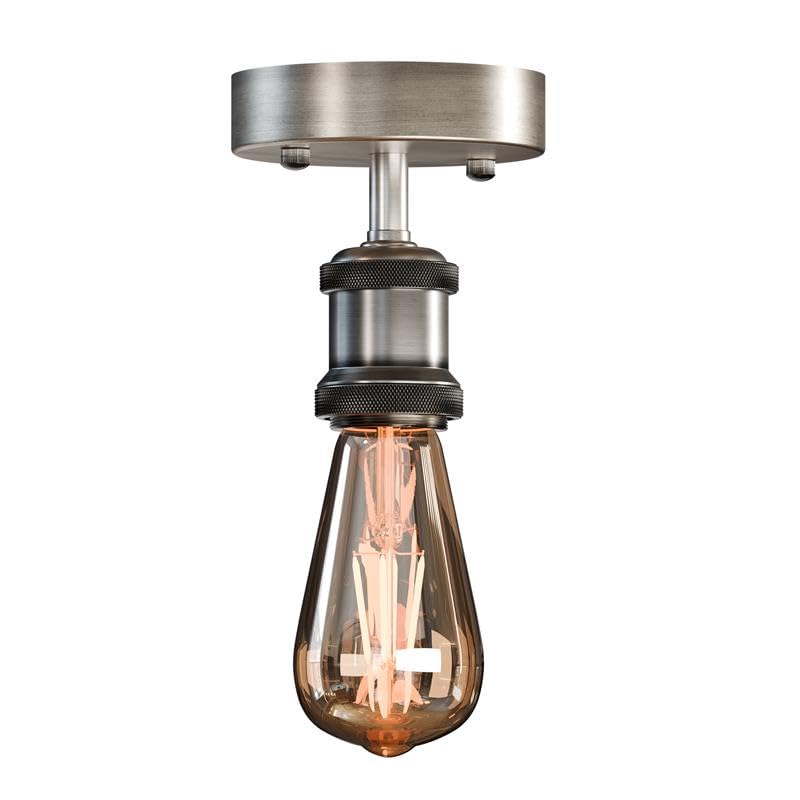 Vintage metal ceiling light fixture with an E27 LED bulb installed, mounted on a ceiling. — view 2