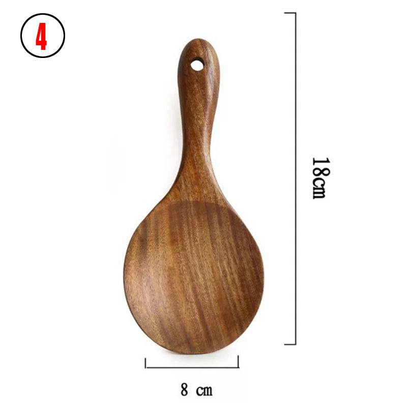 Natural teak wood kitchen utensil set including spoon, ladle, and turner with smooth wood grain — view 3