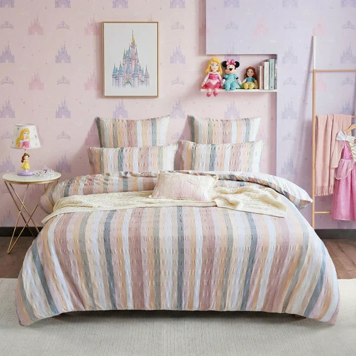 Layla cotton quilt cover set featuring striped seersucker in blush clay ivory and airy blue — view 5