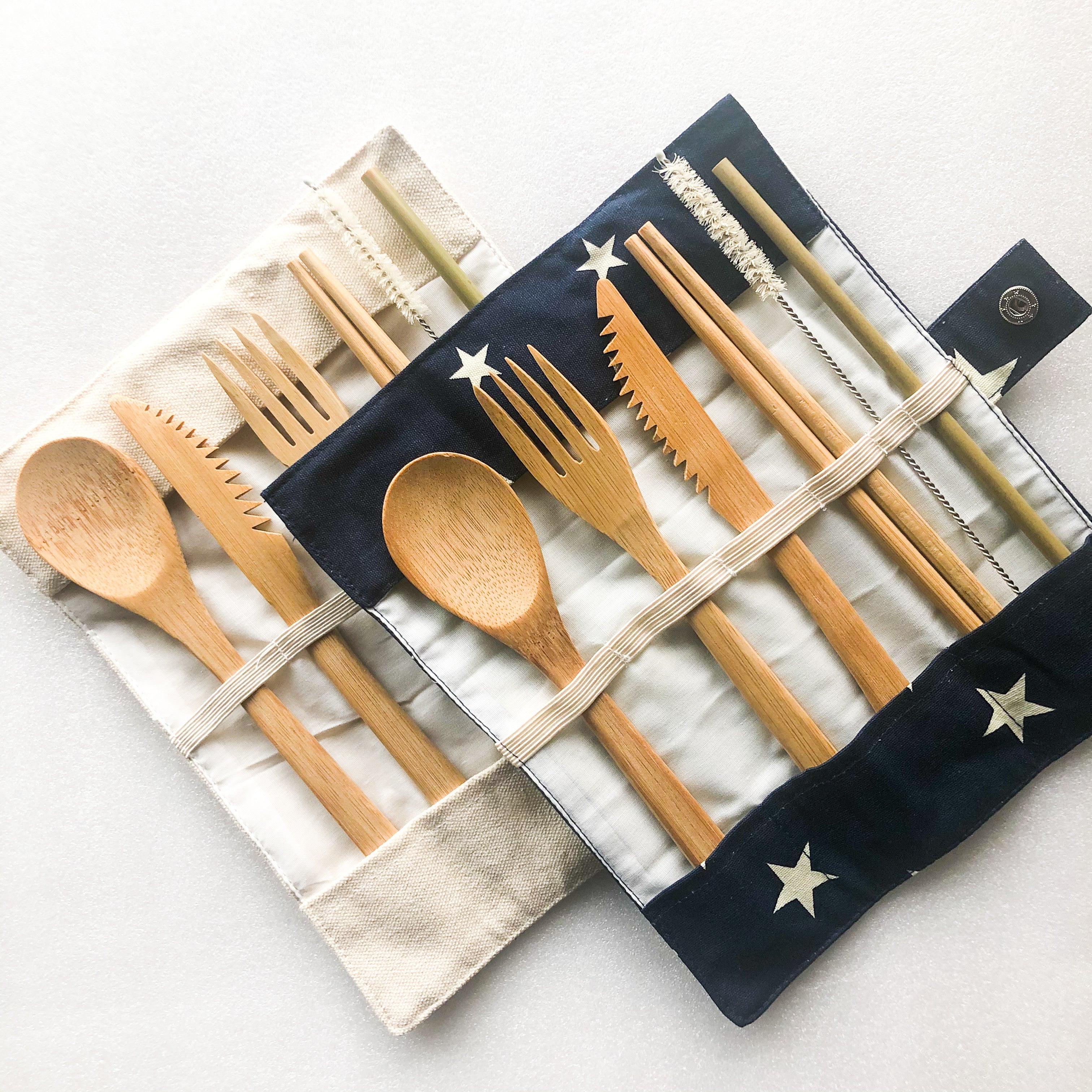 Natural bamboo travel cutlery set with organic cotton pouch fork spoon knife chopsticks and reusable straw — view 5
