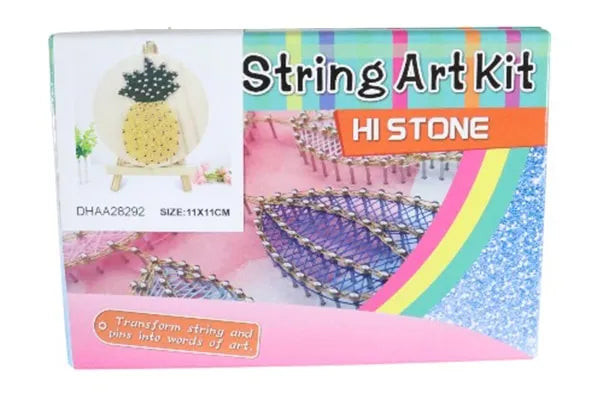 Pineapple string art kit with wooden display stand yellow and green threads and crafting pins — view 2