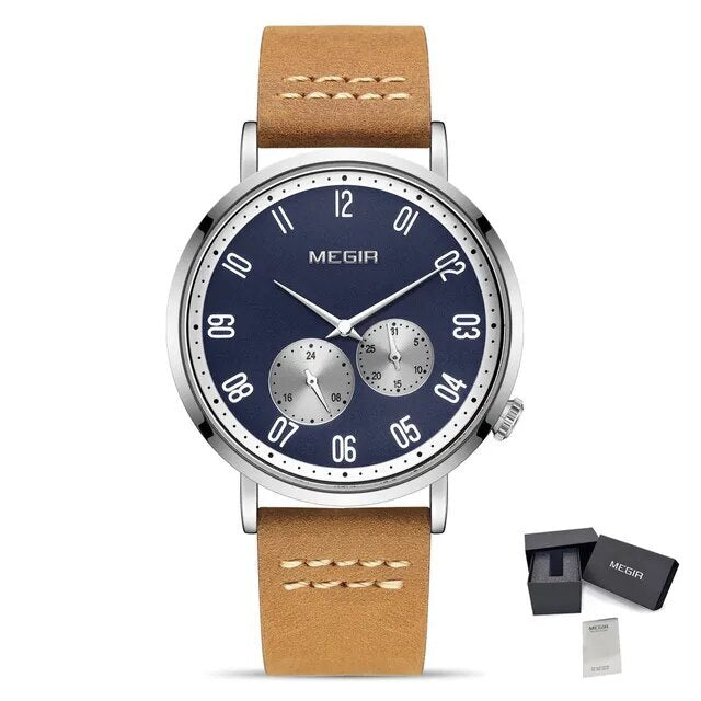 MEGIR Fashion Casual Men Watches Luxury Leather Quartz Sport Wristwatch Waterproof Luminous Clock Large Dial Relogio Masculino 1083-21