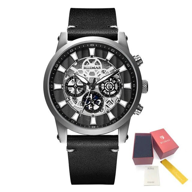 RUIMAS Fashion Men Watches Sapphire Automatic Mechanical Wrist Watch Waterproof Date Leather Casual Male Clock Montre Homme 6768-12