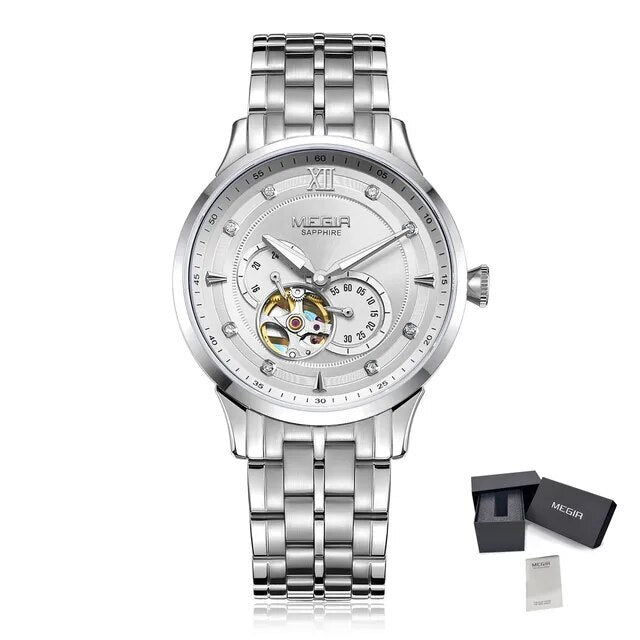 MEGIR Luxury Men Watches Stainless Steel Automatic Mechanical Watch Sapphire Steel Case Business WristWatch Montre Homme 62053-13