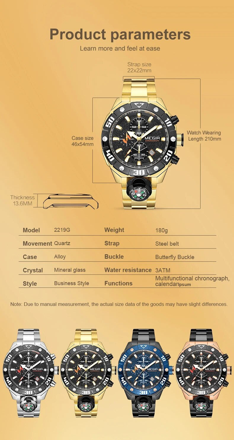 MEGIR Watch Top Brand Luxury Business Quartz Watches Chronograph Stainless Steel Calendar Luminous Clock WristWatch Montre Homme 2219-6