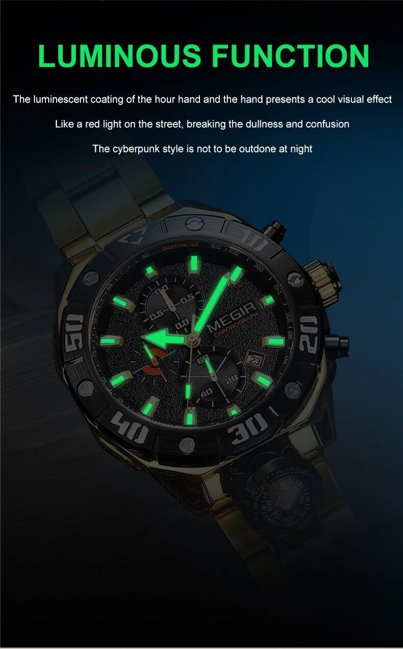 MEGIR Watch Top Brand Luxury Business Quartz Watches Chronograph Stainless Steel Calendar Luminous Clock WristWatch Montre Homme 2219-7
