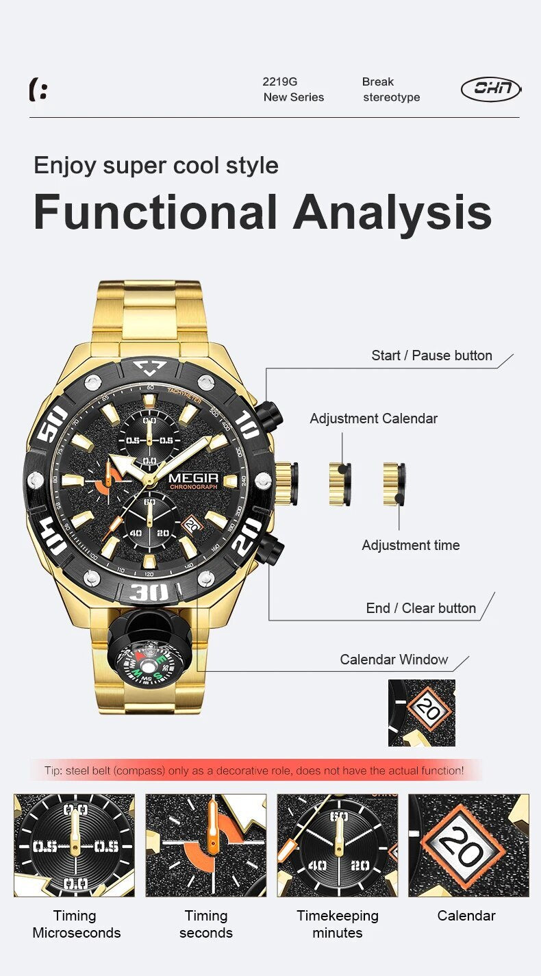 MEGIR Watch Top Brand Luxury Business Quartz Watches Chronograph Stainless Steel Calendar Luminous Clock WristWatch Montre Homme 2219-8