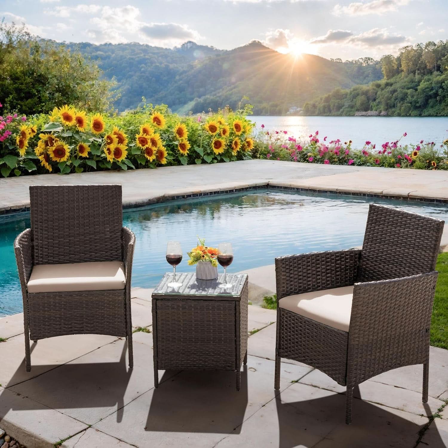 Three piece brown rattan outdoor patio set with two cushioned chairs and a tempered glass table — view 5