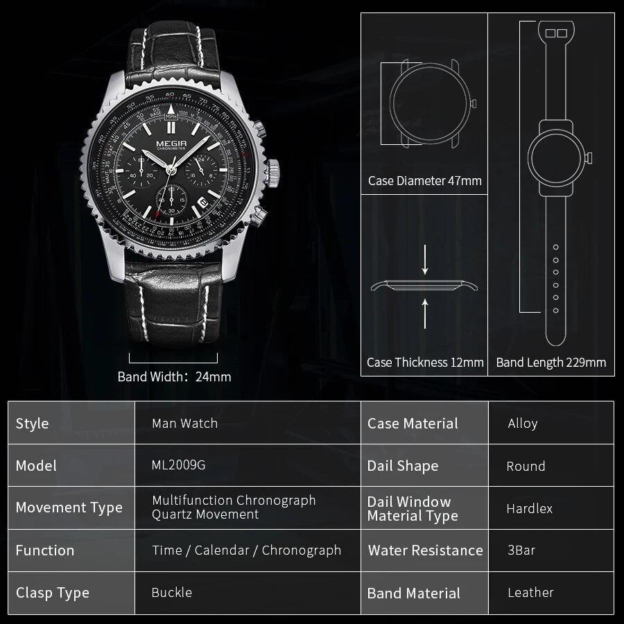 MEGIR Fashion Leather Strap Quartz Watches Waterproof Luminous Men Casual Sport Wristwatch Date Clock Chronograph Reloj Hombre 2009-5