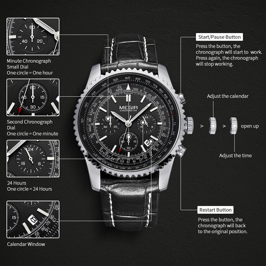 MEGIR Fashion Leather Strap Quartz Watches Waterproof Luminous Men Casual Sport Wristwatch Date Clock Chronograph Reloj Hombre 2009-4