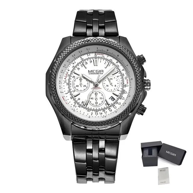 MEGIR Fashion Business Men's Watch Stainless Steel Quartz Wristwatch Calendar Big Dial Man Military Sports Chronograph Clock 2006-10