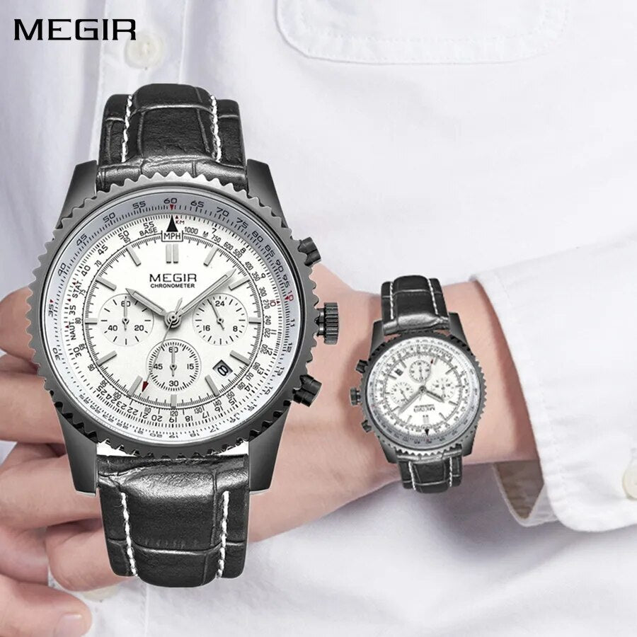 MEGIR Fashion Leather Strap Quartz Watches Waterproof Luminous Men Casual Sport Wristwatch Date Clock Chronograph Reloj Hombre 2009-0
