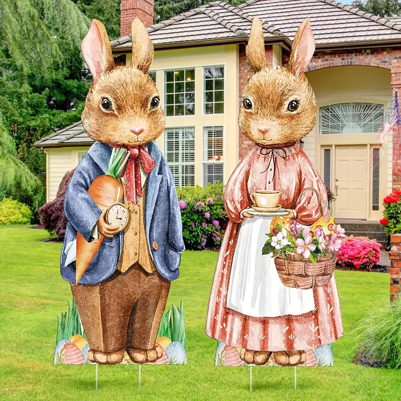 Two large Easter bunny yard signs with ground stakes for festive outdoor spring lawn decoration — view 2