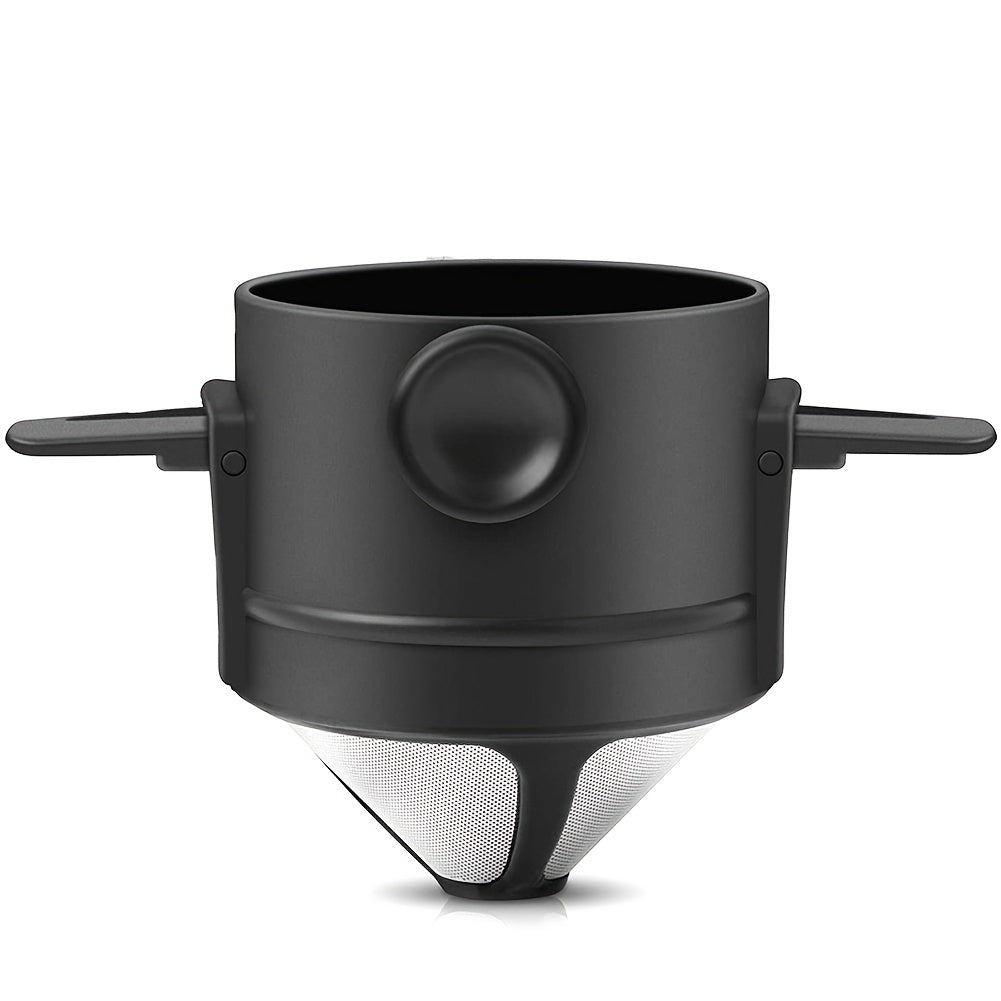 Portable stainless steel pour-over coffee dripper with folding ears and double layer fine mesh filter