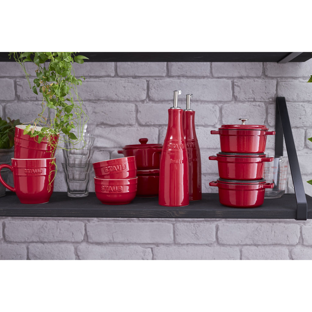 Cherry red STAUB ceramic oil and vinegar set with precision pouring spouts and protective caps — view 4