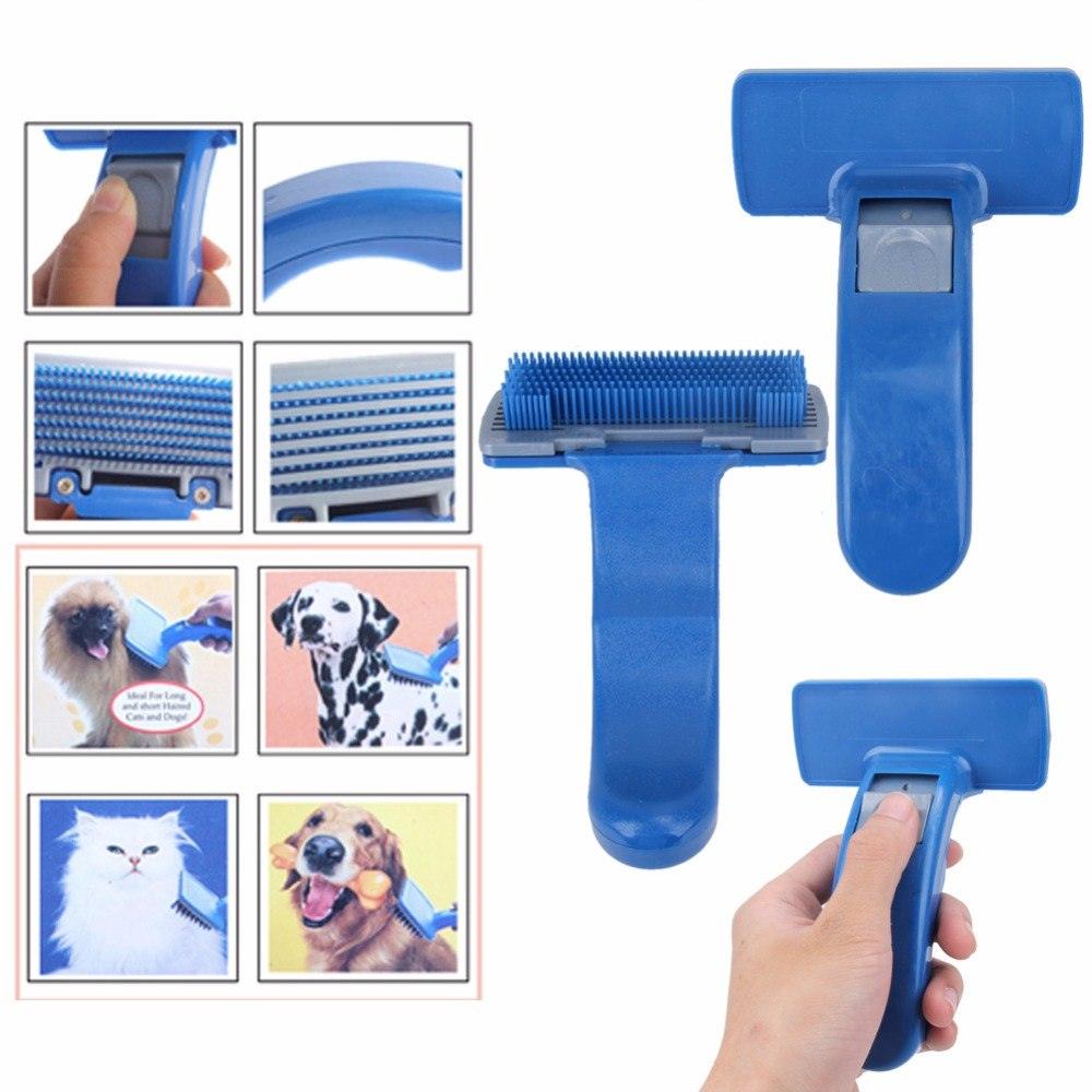 Self-cleaning pet hair grooming tool and brush with ergonomic handle for dogs and cats