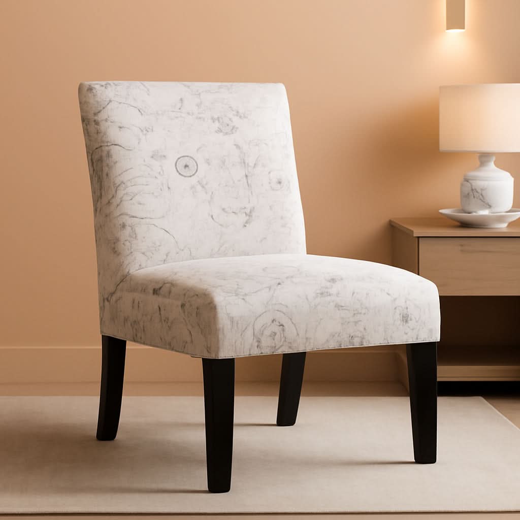 Armless script print accent chair with espresso wooden legs and padded fabric seat
