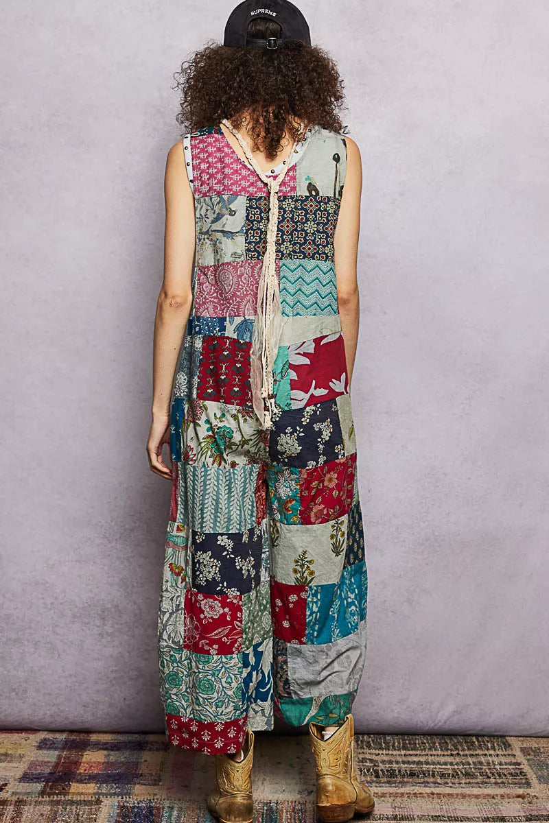 POL sleeveless patchwork wide leg jumpsuit in 100% cotton with deep V-neck and patch pockets — view 4