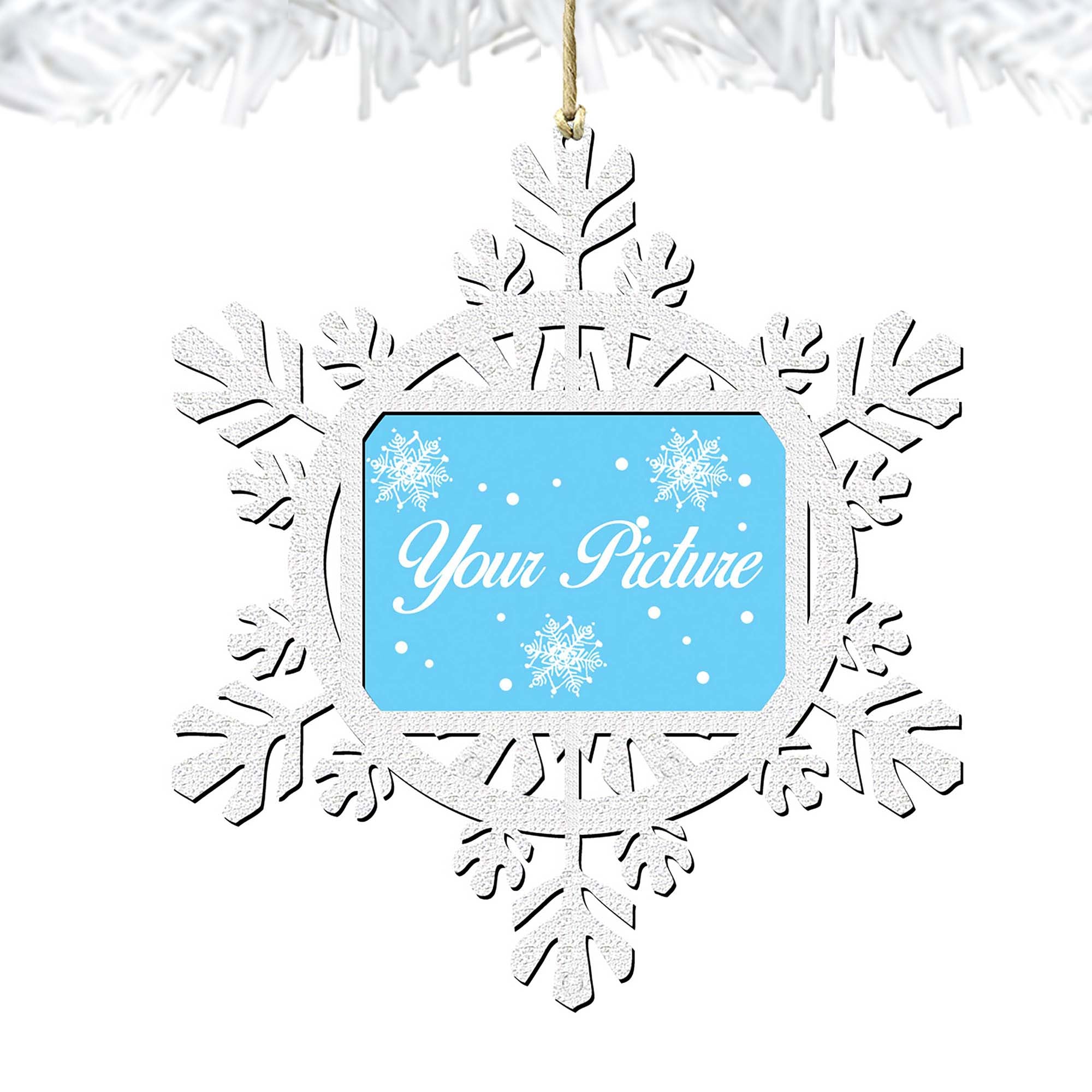 Handcrafted wooden snowflake picture frame ornament displaying a family photo for Christmas tree decor — view 4