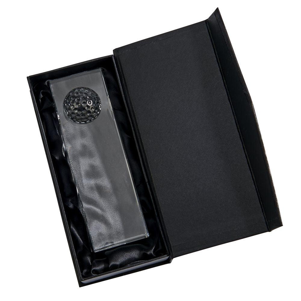 Clear optic crystal golf ball obelisk trophy with tapering sides and a raised golf ball design — view 2