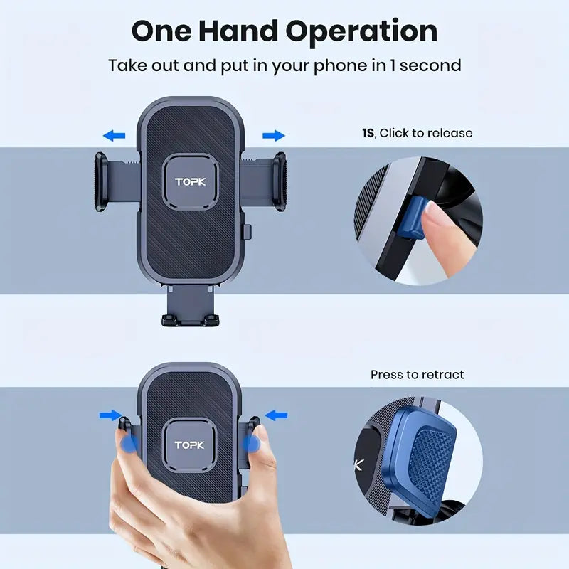 Black adjustable dashboard car phone holder securing a smartphone for hands-free driving navigation. — view 4