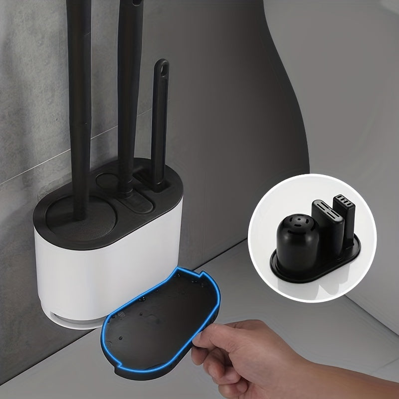 Black silicone toilet brush and holder set with ergonomic no-slip long handle for bathroom cleaning — view 2