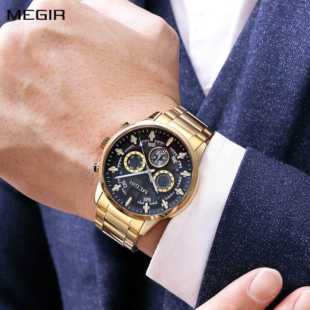 Men's Megir luxury chronograph watch with a polished stainless steel band and classic multi-dial face