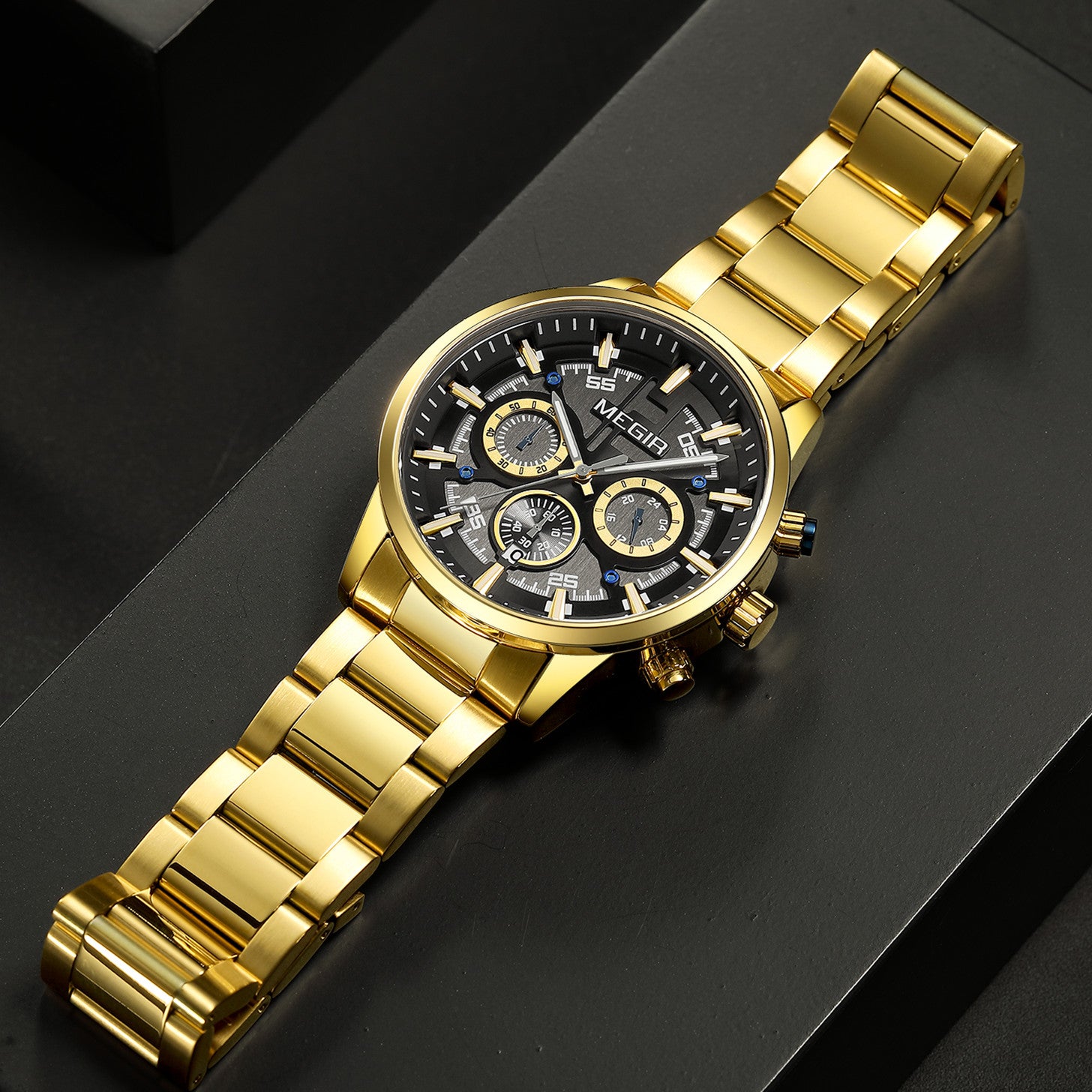 Men's Megir luxury chronograph watch with a polished stainless steel band and classic multi-dial face — view 5