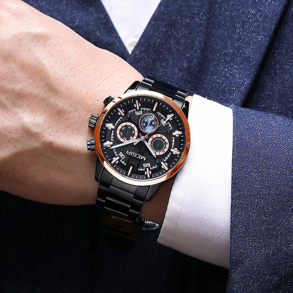 Men's Megir luxury chronograph watch with a polished stainless steel band and classic multi-dial face — view 4