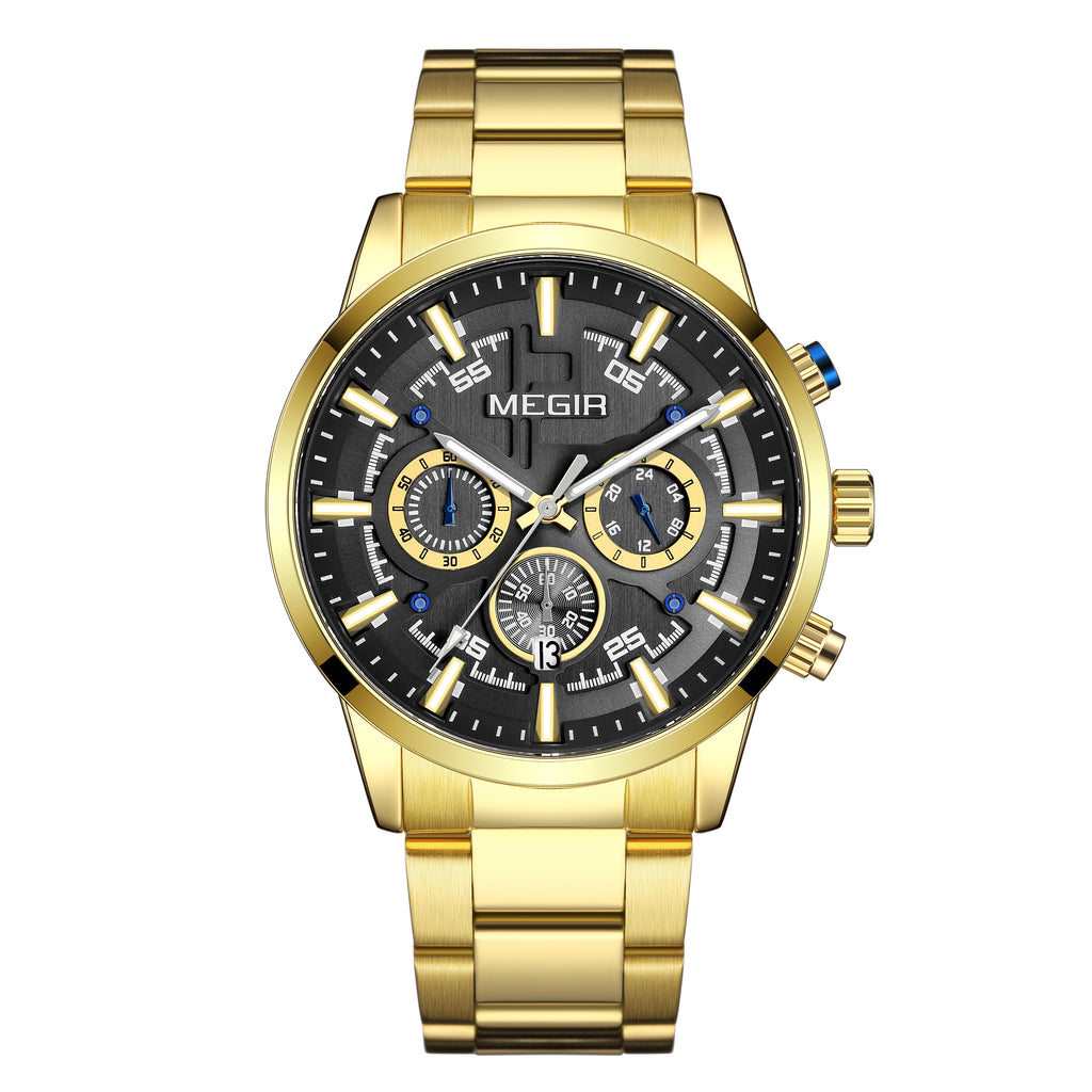 Men's Megir luxury chronograph watch with a polished stainless steel band and classic multi-dial face — view 12