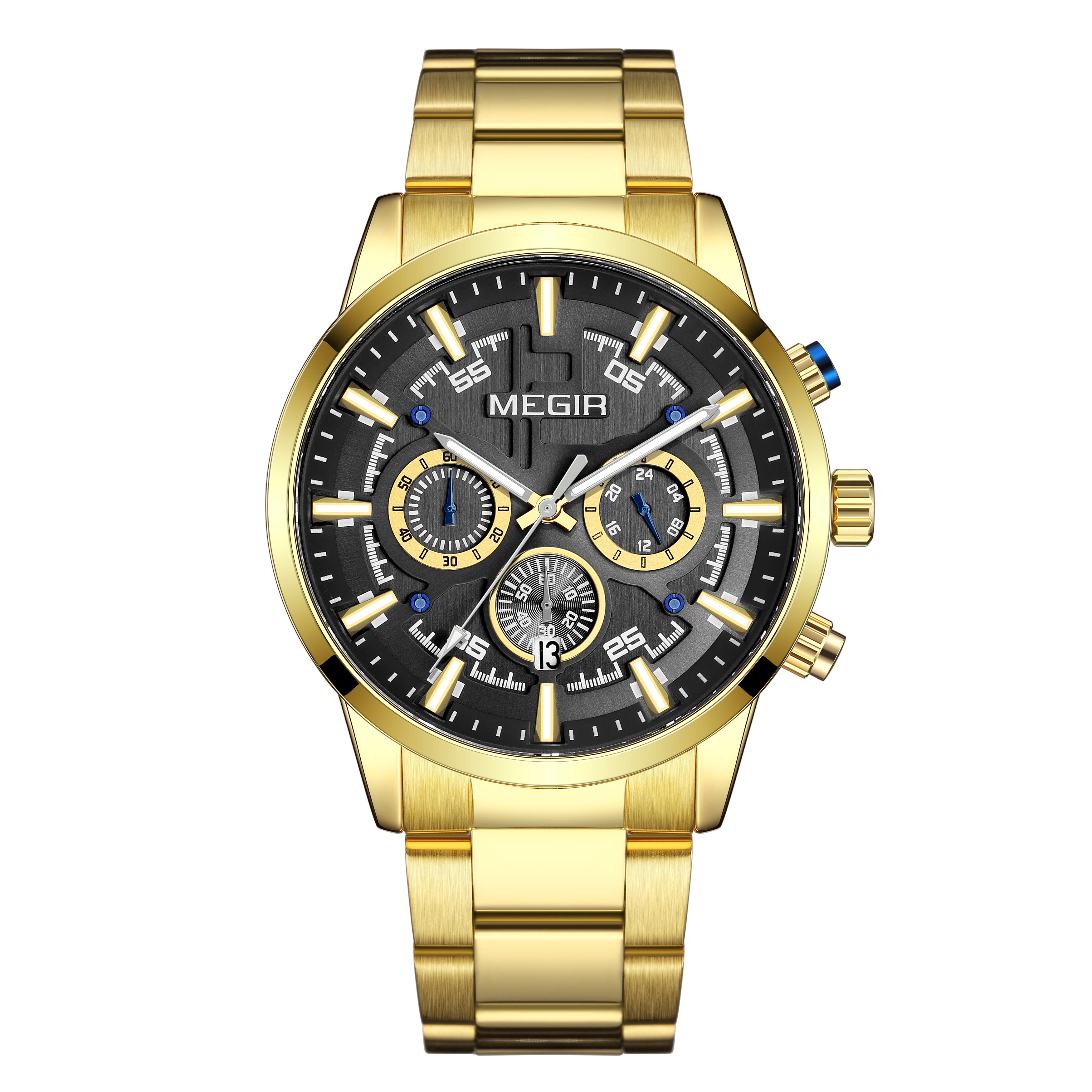 Men's Megir luxury chronograph watch with a polished stainless steel band and classic multi-dial face — view 12