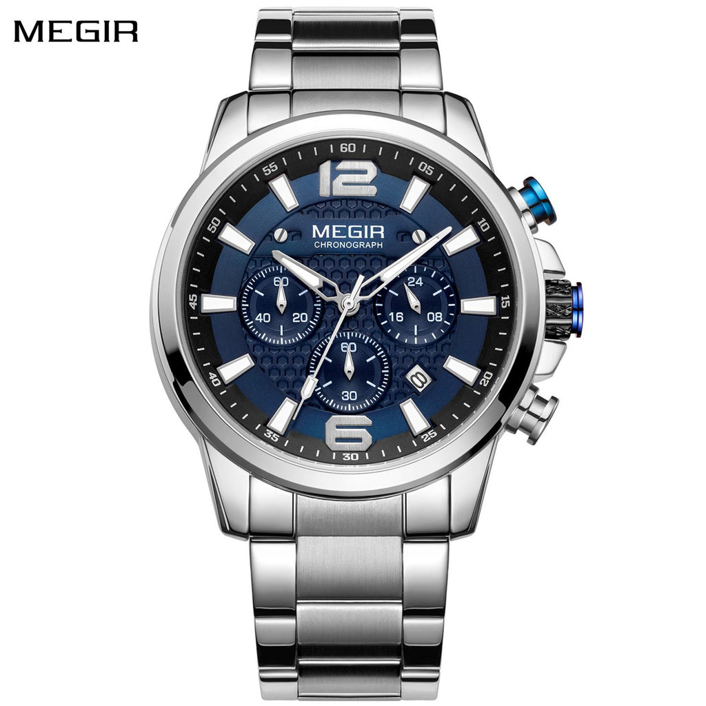 Megir men's business chronograph watch in stainless steel with luminous hands and a dark dial