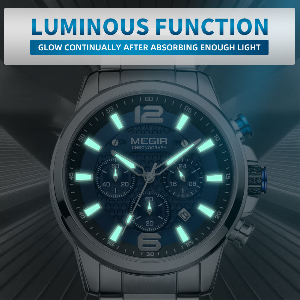 Megir men's business chronograph watch in stainless steel with luminous hands and a dark dial — view 9