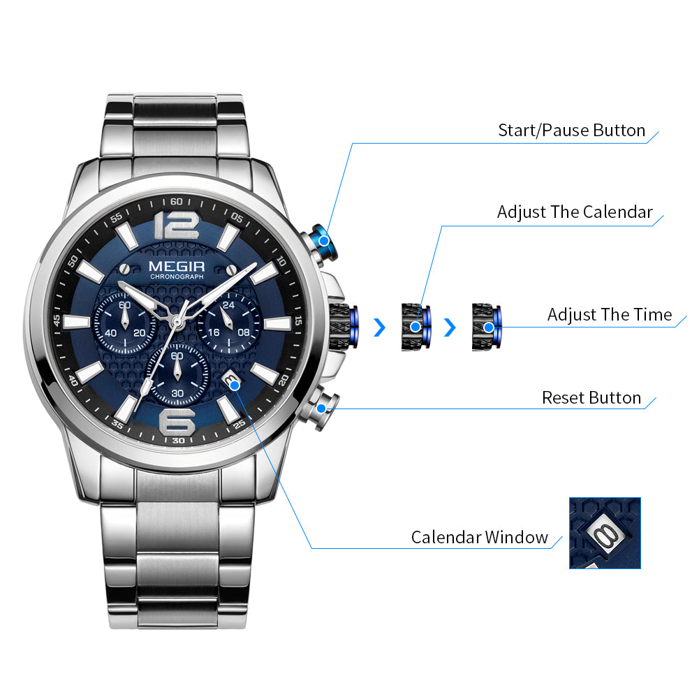 Megir men's business chronograph watch in stainless steel with luminous hands and a dark dial — view 11