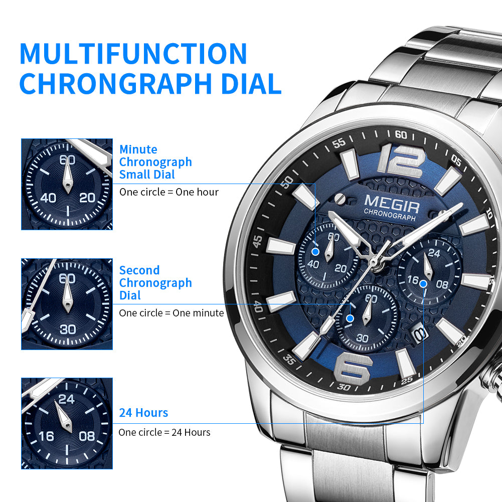Megir men's business chronograph watch in stainless steel with luminous hands and a dark dial — view 10