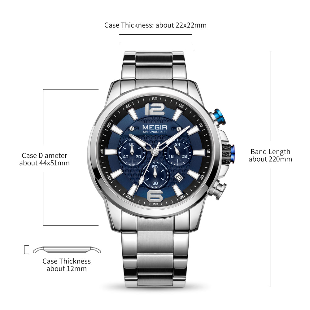 Megir men's business chronograph watch in stainless steel with luminous hands and a dark dial — view 12