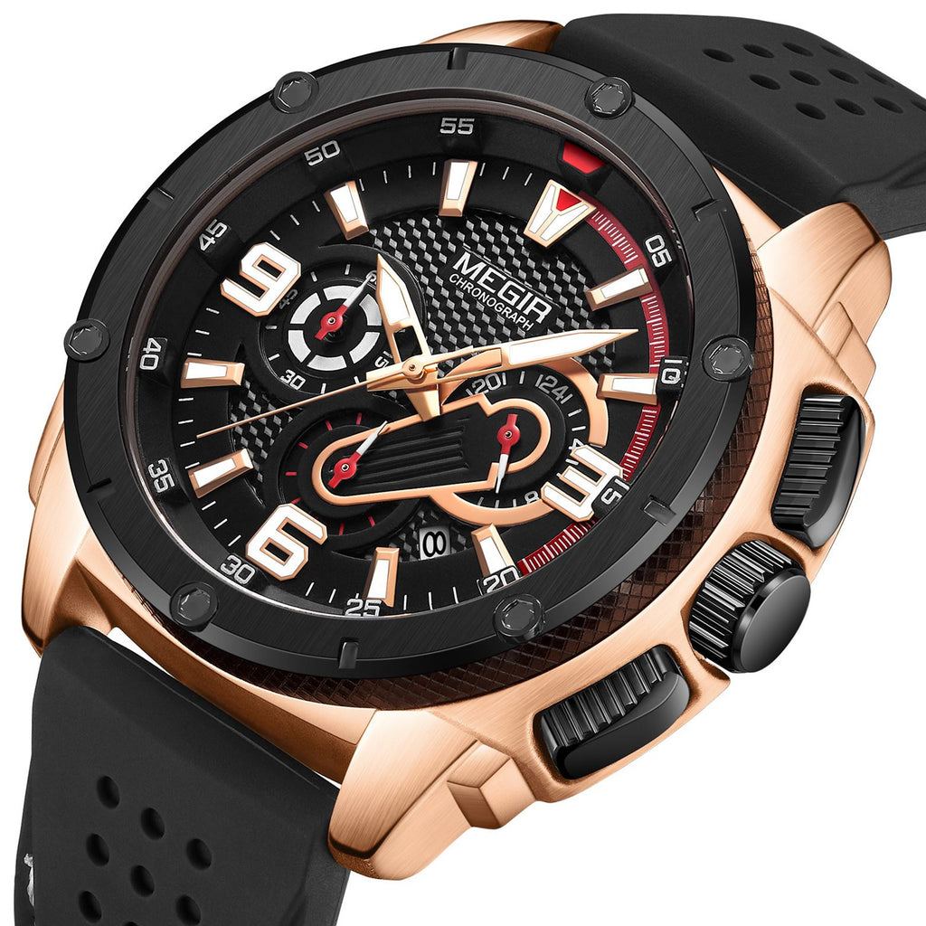 MEGIR mens military sports watch with black silicone band and zinc alloy chronograph dial — view 10