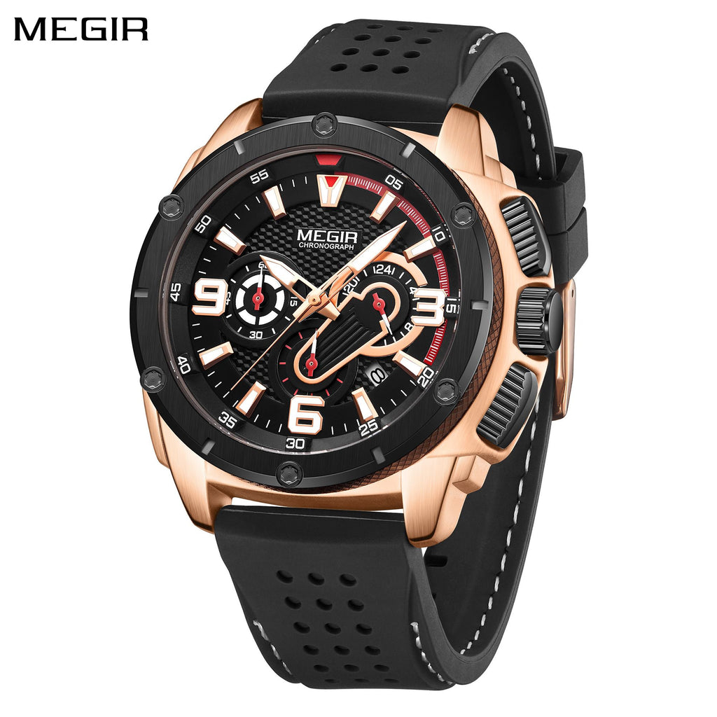 MEGIR mens military sports watch with black silicone band and zinc alloy chronograph dial