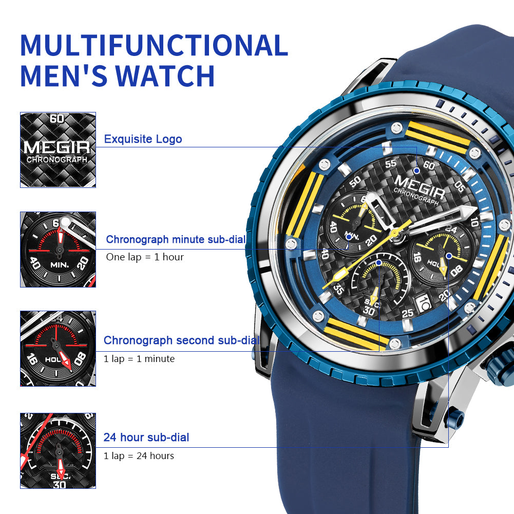 MEGIR Men's Sports Military Watches Fashion Luxury Quartz Wristwatch Silicone Strap Waterproof Chronograph Luminous Male Clock 2143-6
