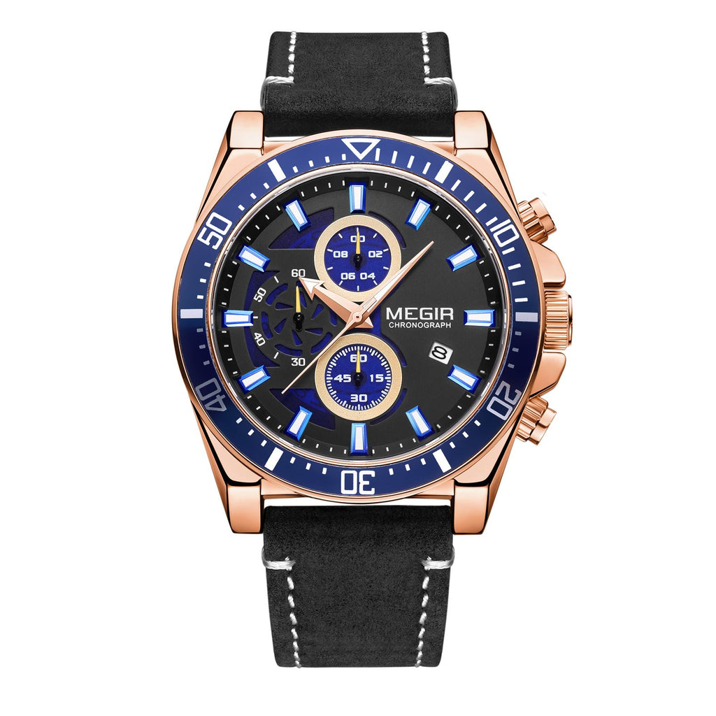MEGIR men's military sport watch featuring a chronograph dial and a stitched genuine leather strap — view 15