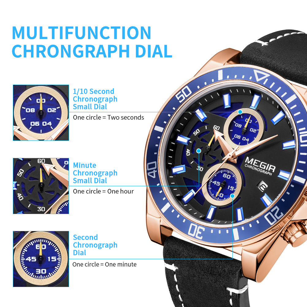 MEGIR men's military sport watch featuring a chronograph dial and a stitched genuine leather strap — view 11