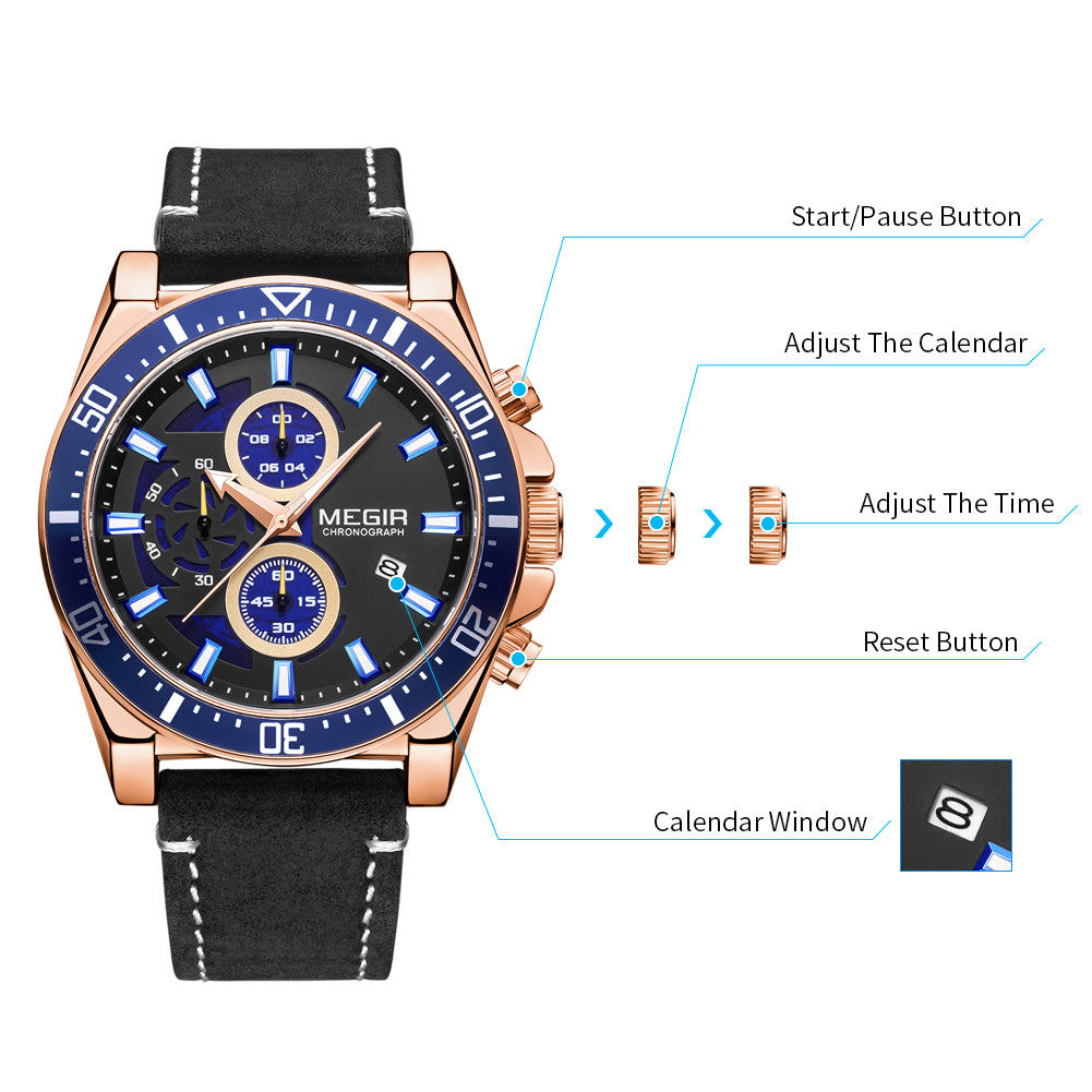 MEGIR men's military sport watch featuring a chronograph dial and a stitched genuine leather strap — view 12