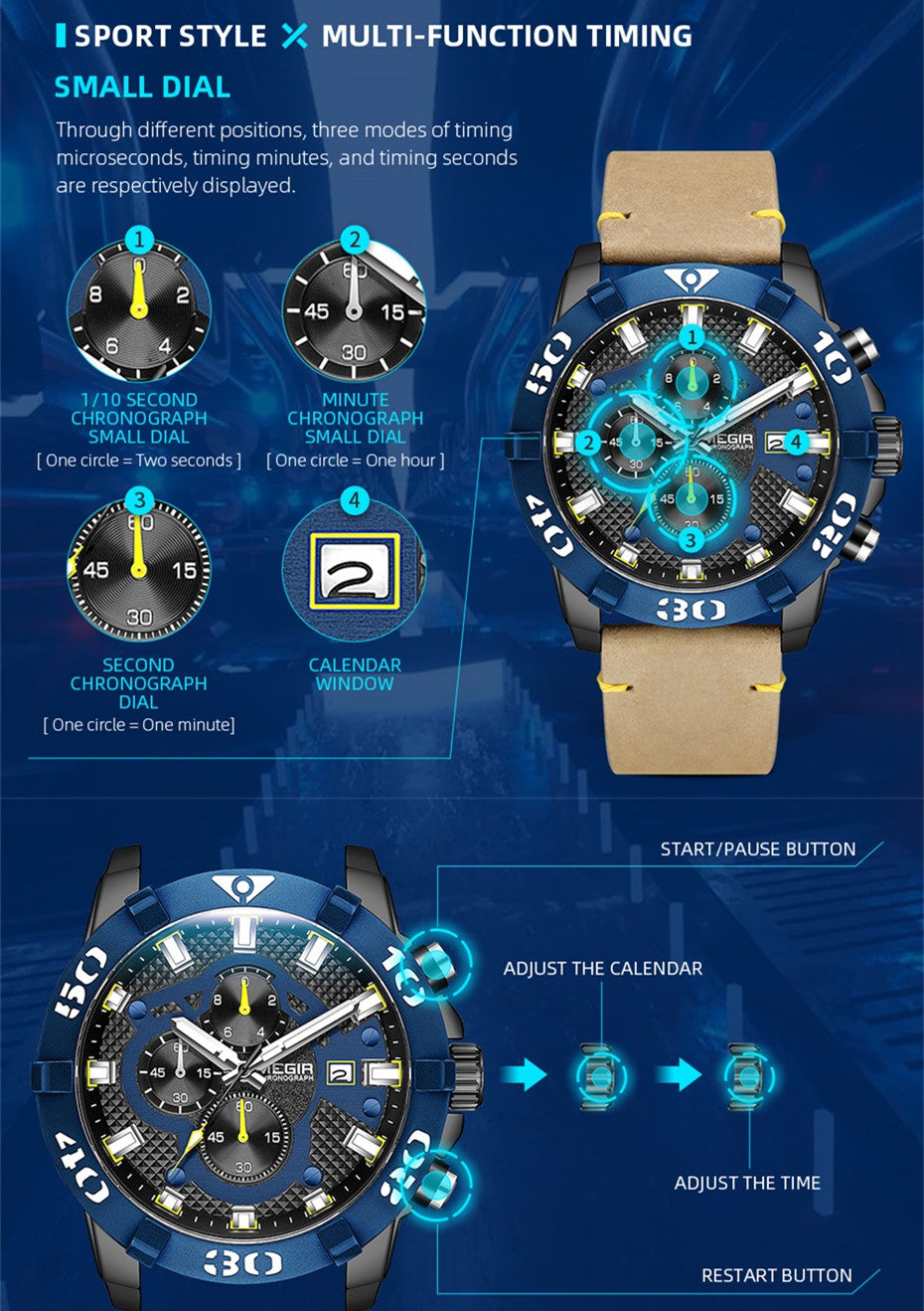 MEGIR Men Watches Fashion Luxury Big Dial Sports Watches Waterproof Quartz Wristwatch Chronograph Man Casual Luminous Clock 2136-7